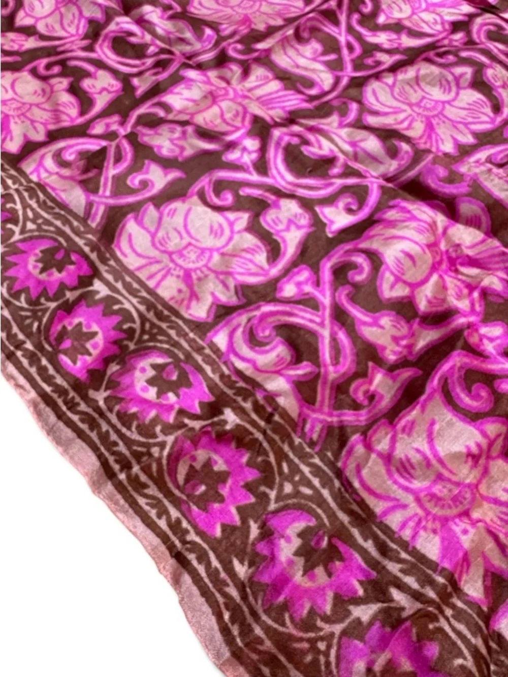 Vintage 90s 100% Silk Scarf India Pink Brown Floral Square 29x29